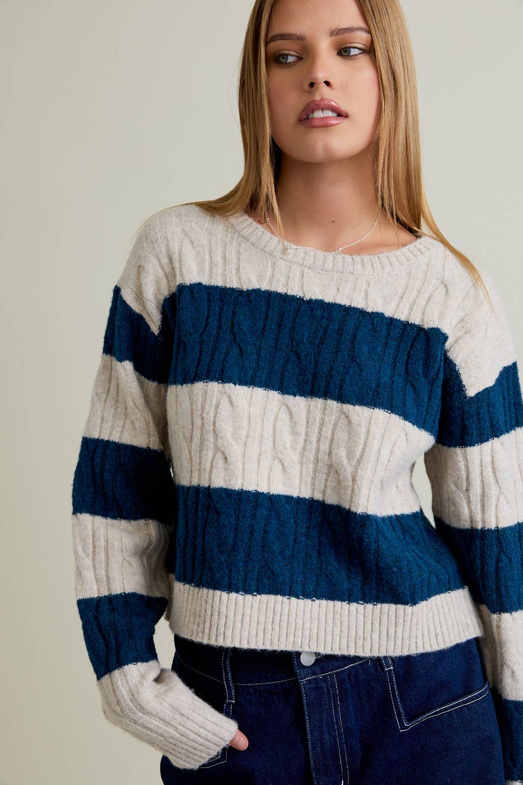 Striped Round Neck Cable Sweater