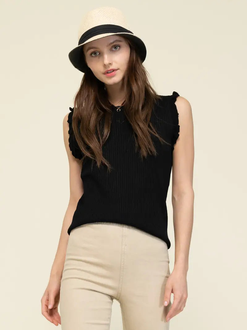 Ribbed Ruffle Sleeve Sweater Tank