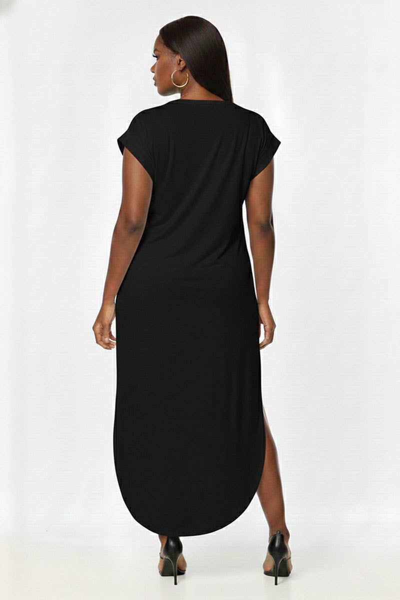 V-Neck Side Slit Maxi Dress- Plus Size