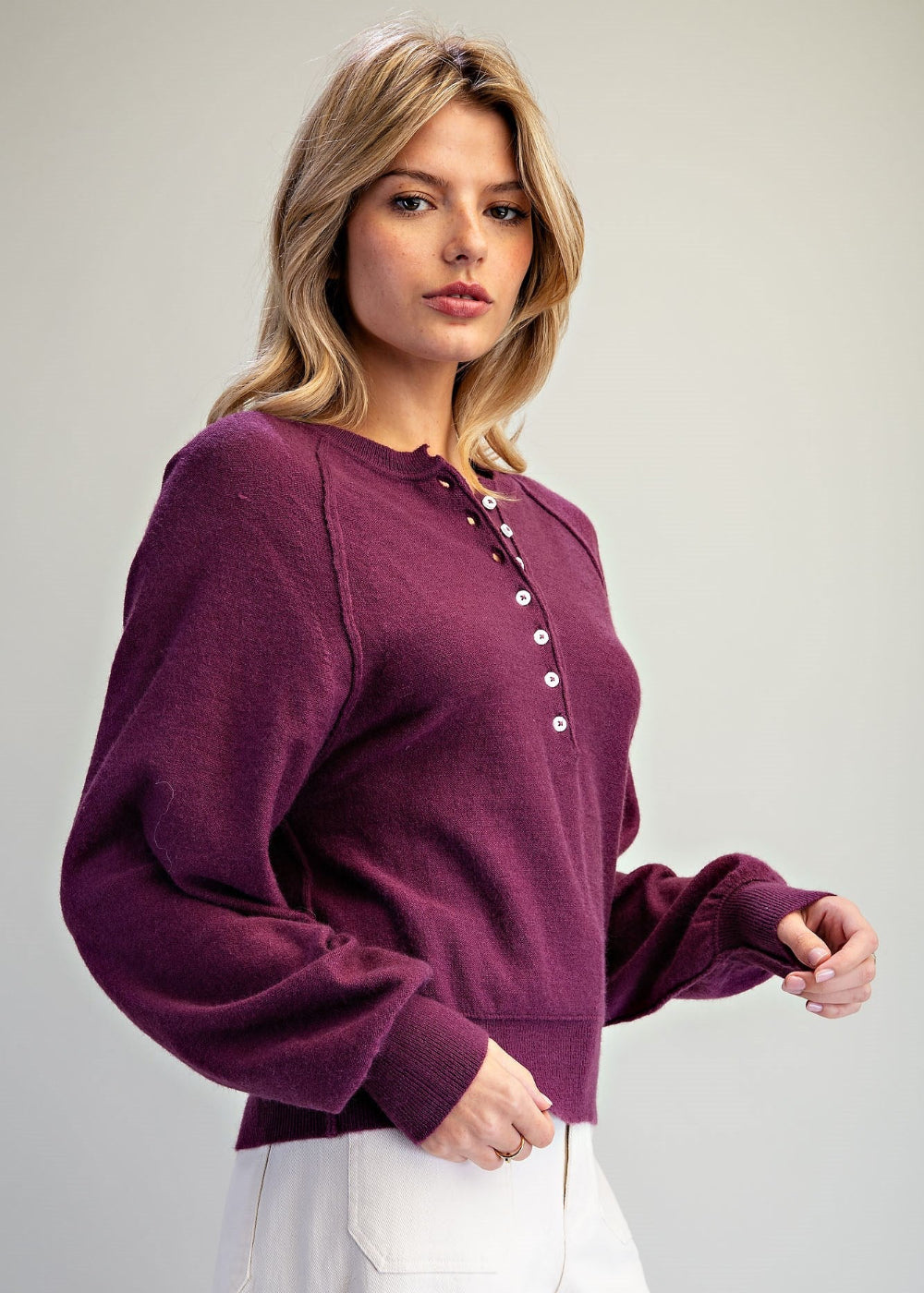 Soft Knit Henley Raglan Sweater
