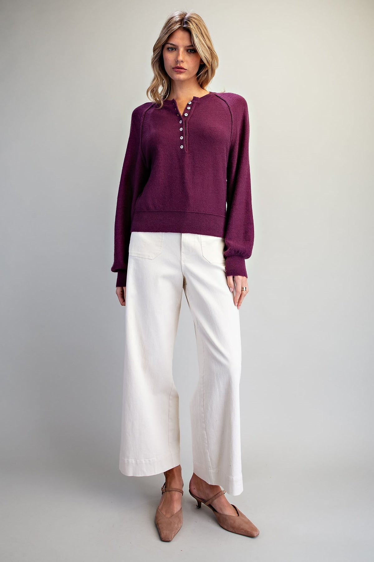 Soft Knit Henley Raglan Sweater