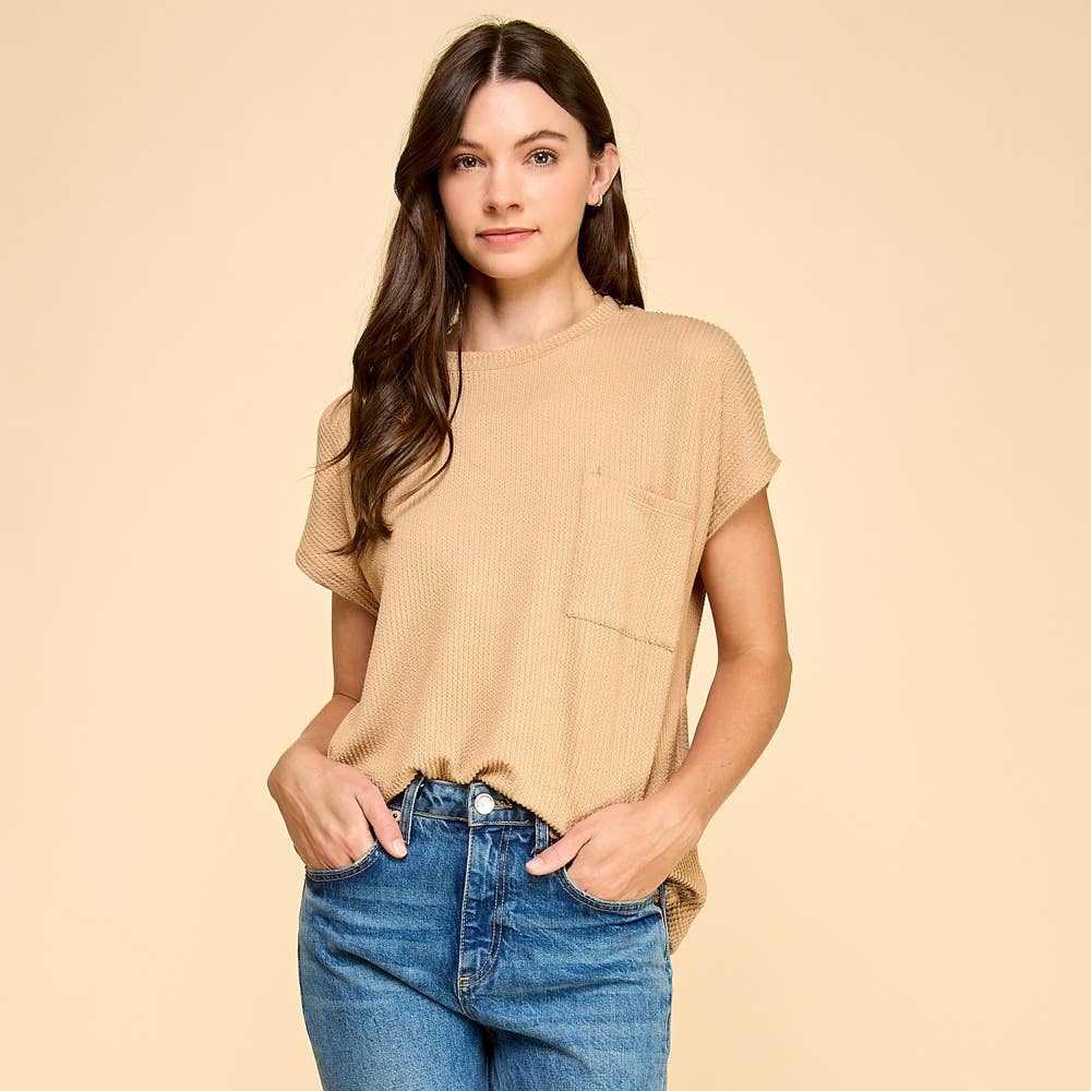Ribbed Knit Top with Front Pocket
