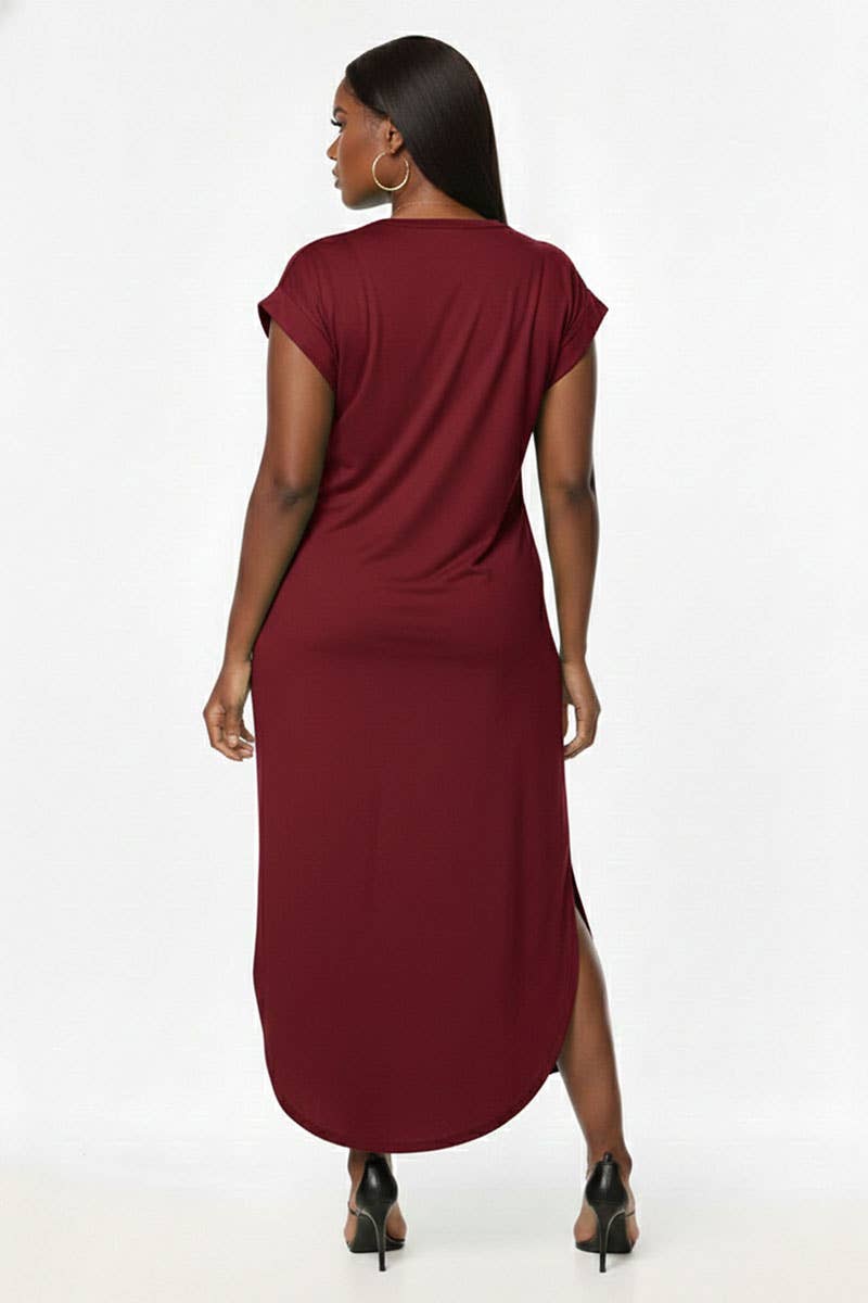 V-Neck Side Slit Maxi Dress- Plus Size