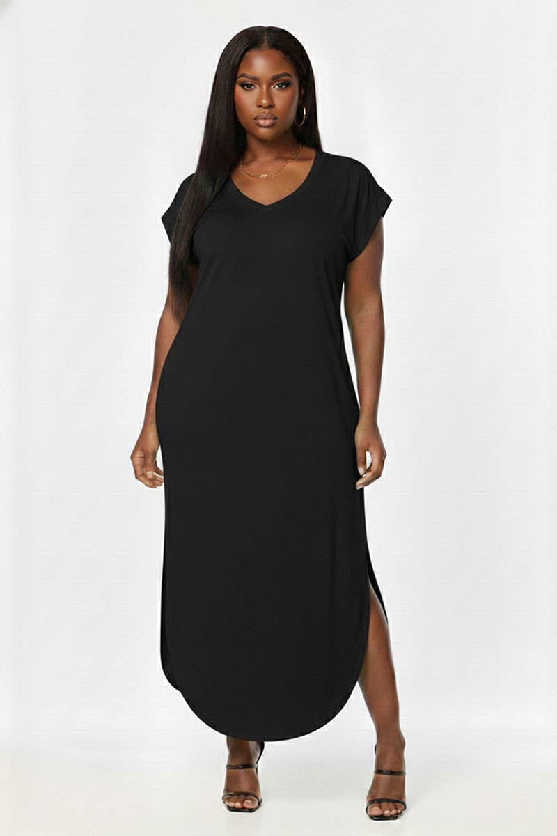 V-Neck Side Slit Maxi Dress- Plus Size