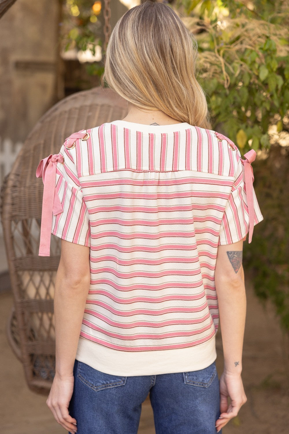 Pink Stripe Tie Sleeve Summer Knit Top