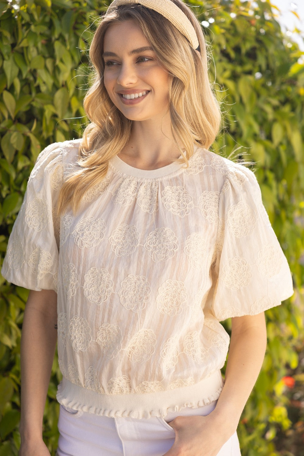 Cream Floral Lace Puff Sleeve Blouse