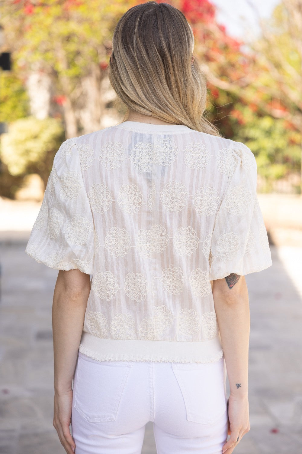 Cream Floral Lace Puff Sleeve Blouse