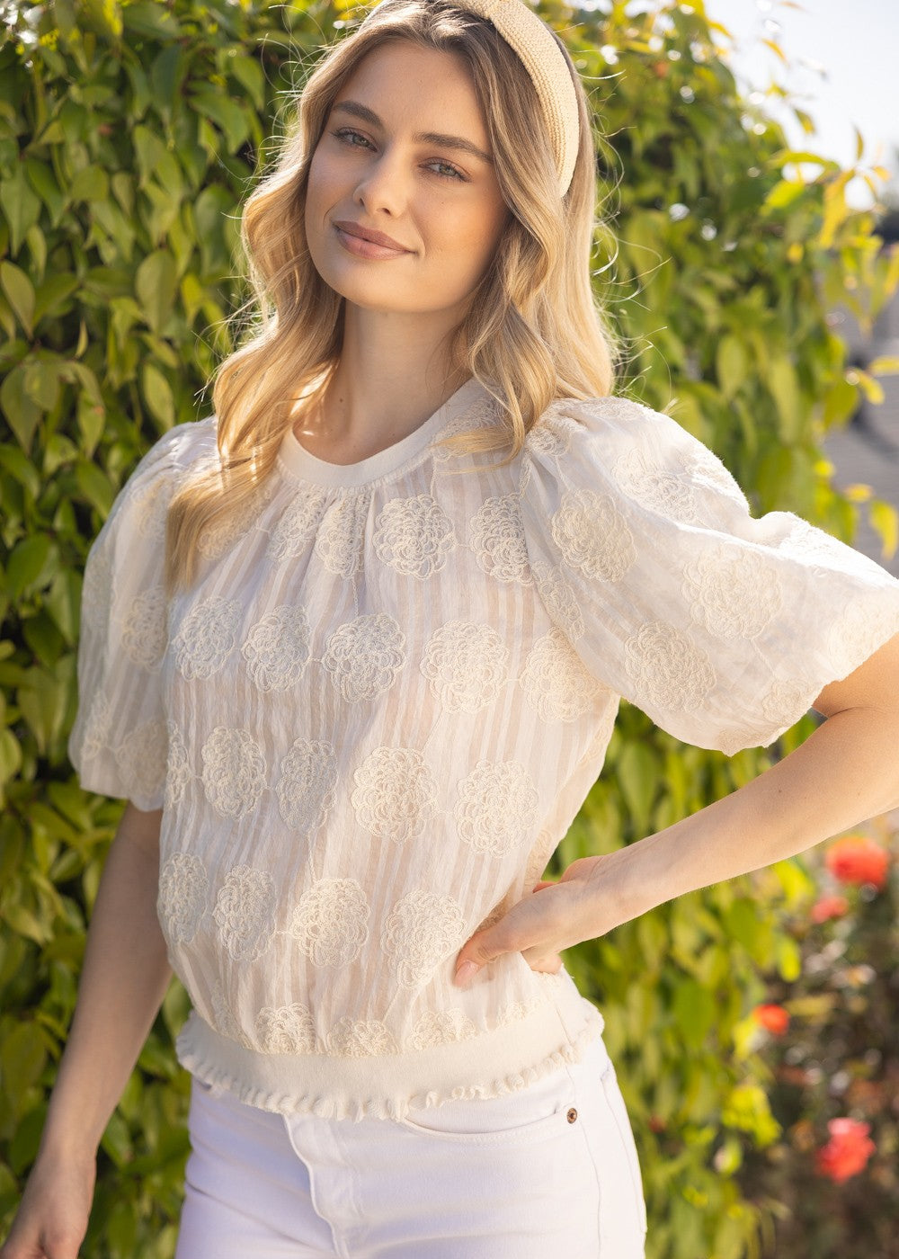 Cream Floral Lace Puff Sleeve Blouse