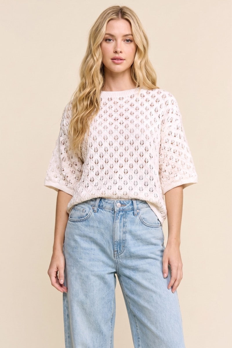 Blush Pointelle Knit Short Sleeve Sweater Top