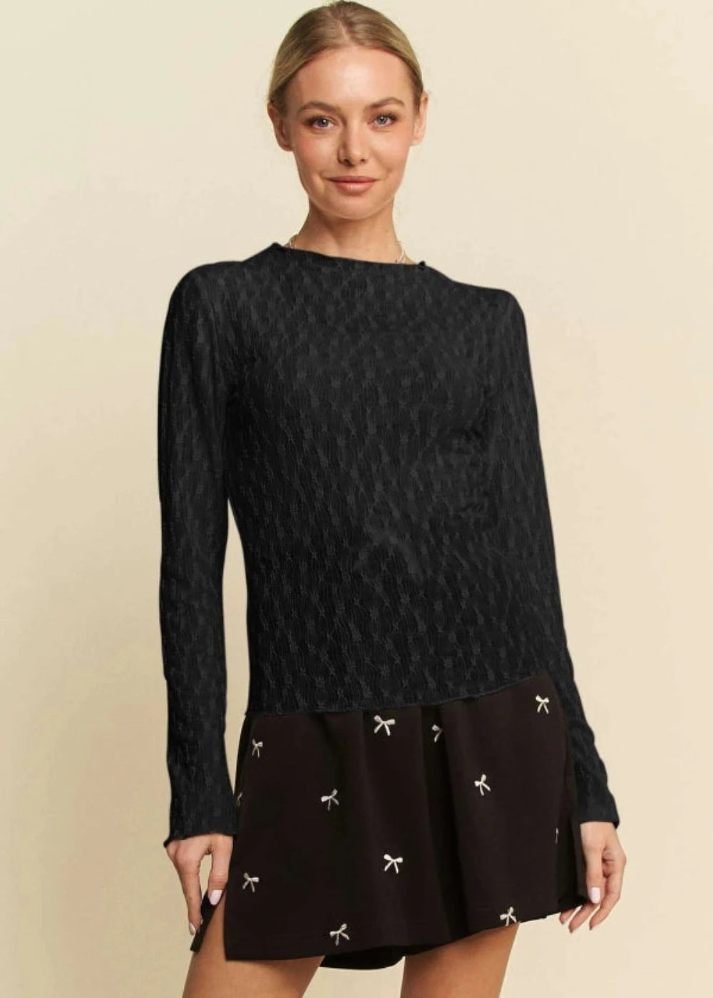 Sheer Bow-Embroidered Long Sleeve Top