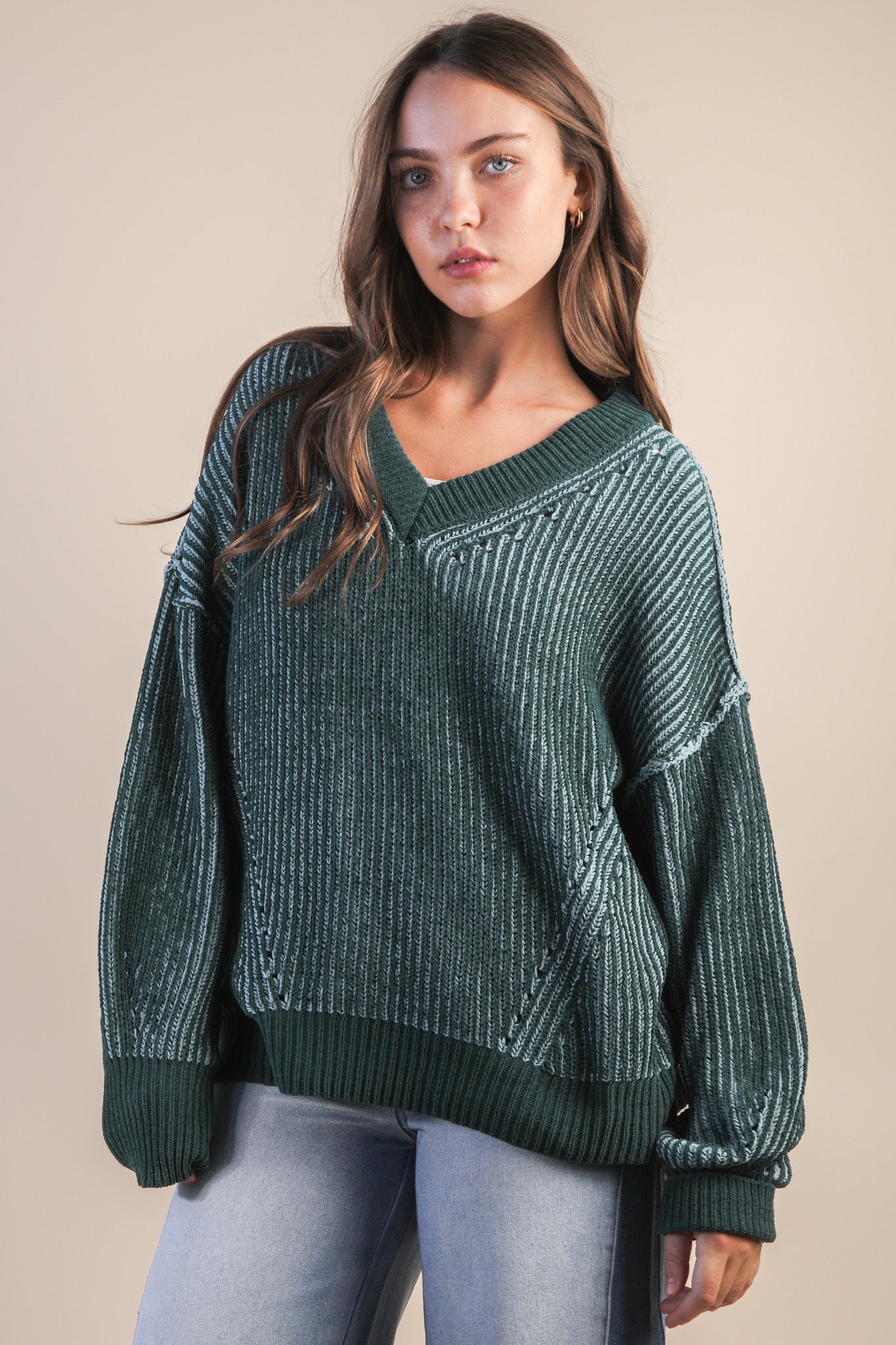 Oversized Two Tone Knit Casual Sweater