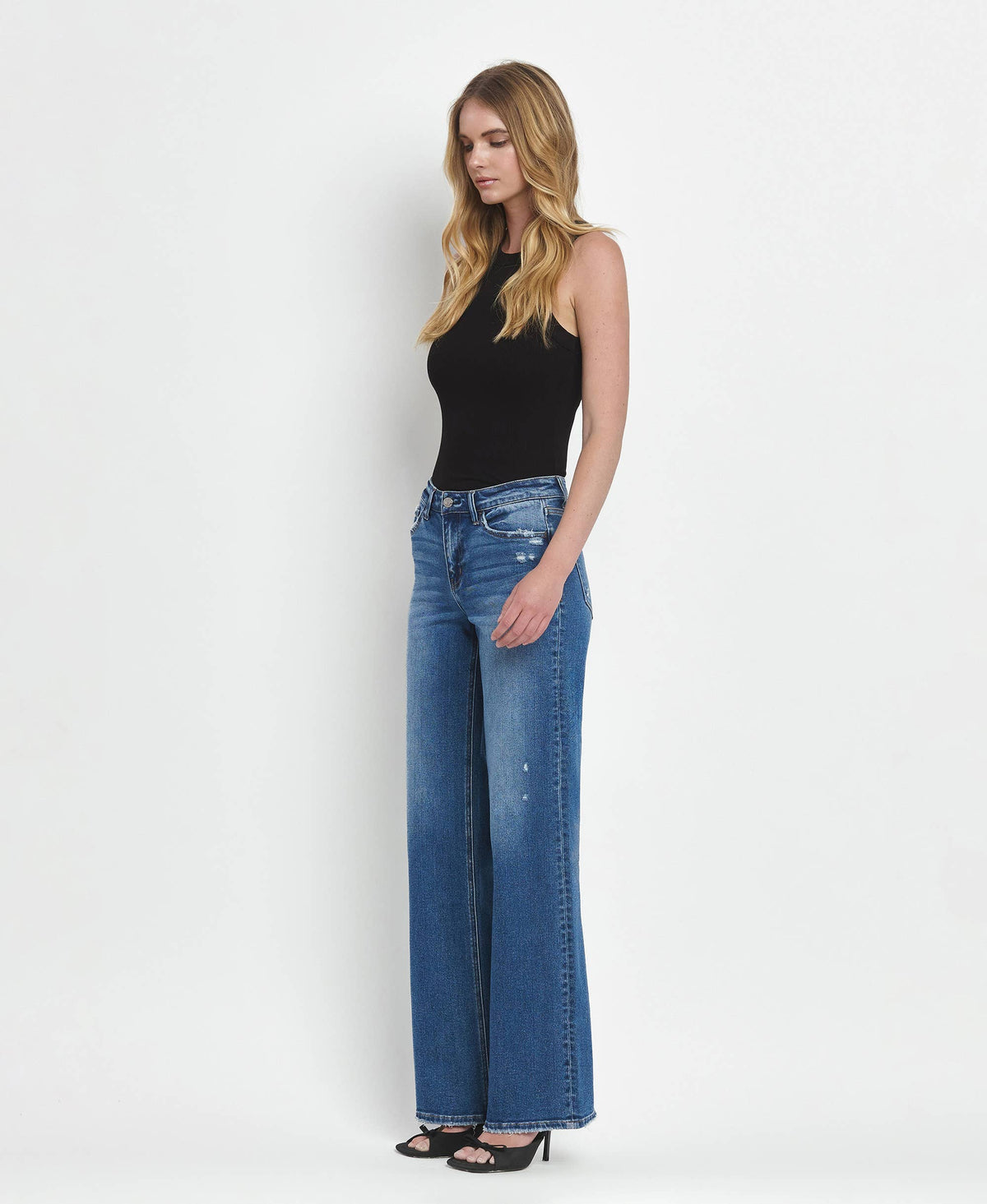 Mid Rise Full Length Wide Leg Stretch Jeans