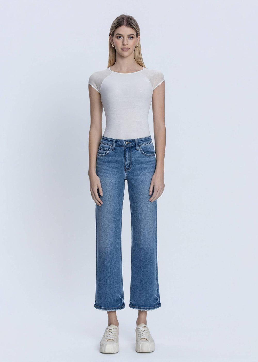 Medium Wash High Rise Slim Wide Ankle Jeans