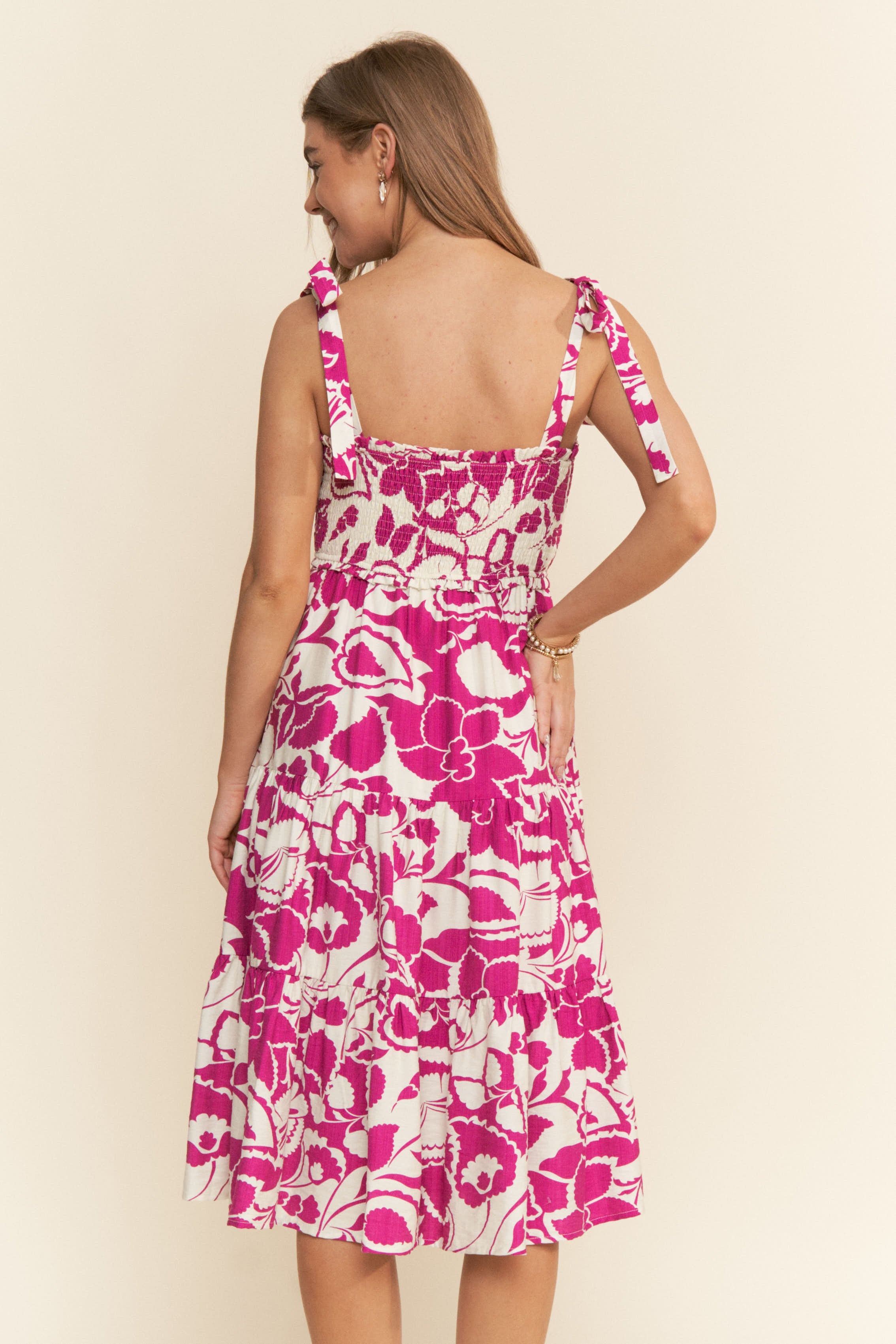 Smocked Tie Strap Floral Midi Dress