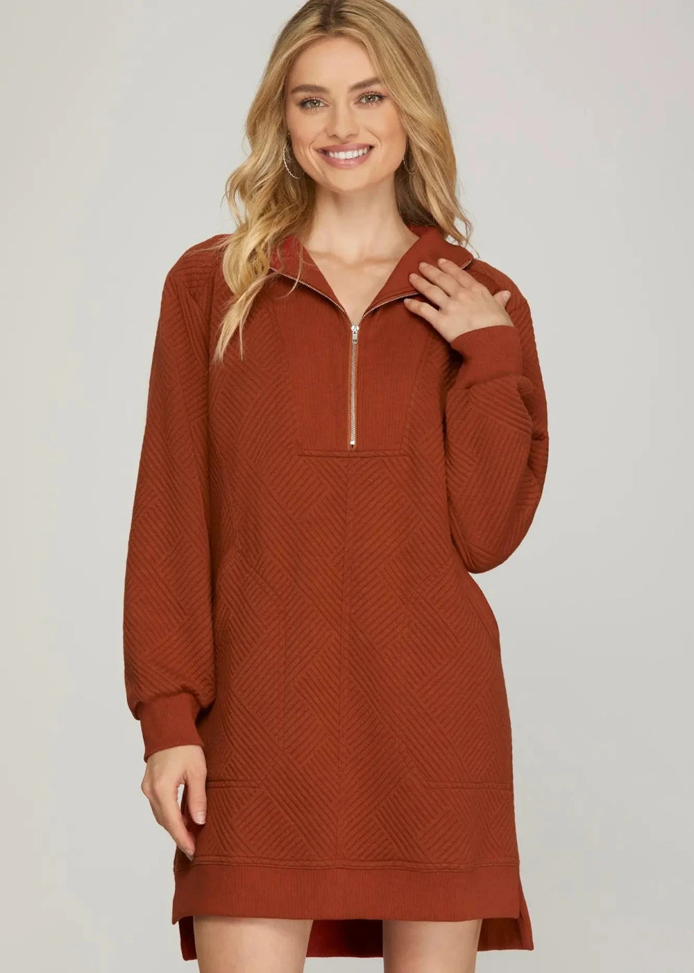 Textured Quarter Zip Sweatshirt Dress
