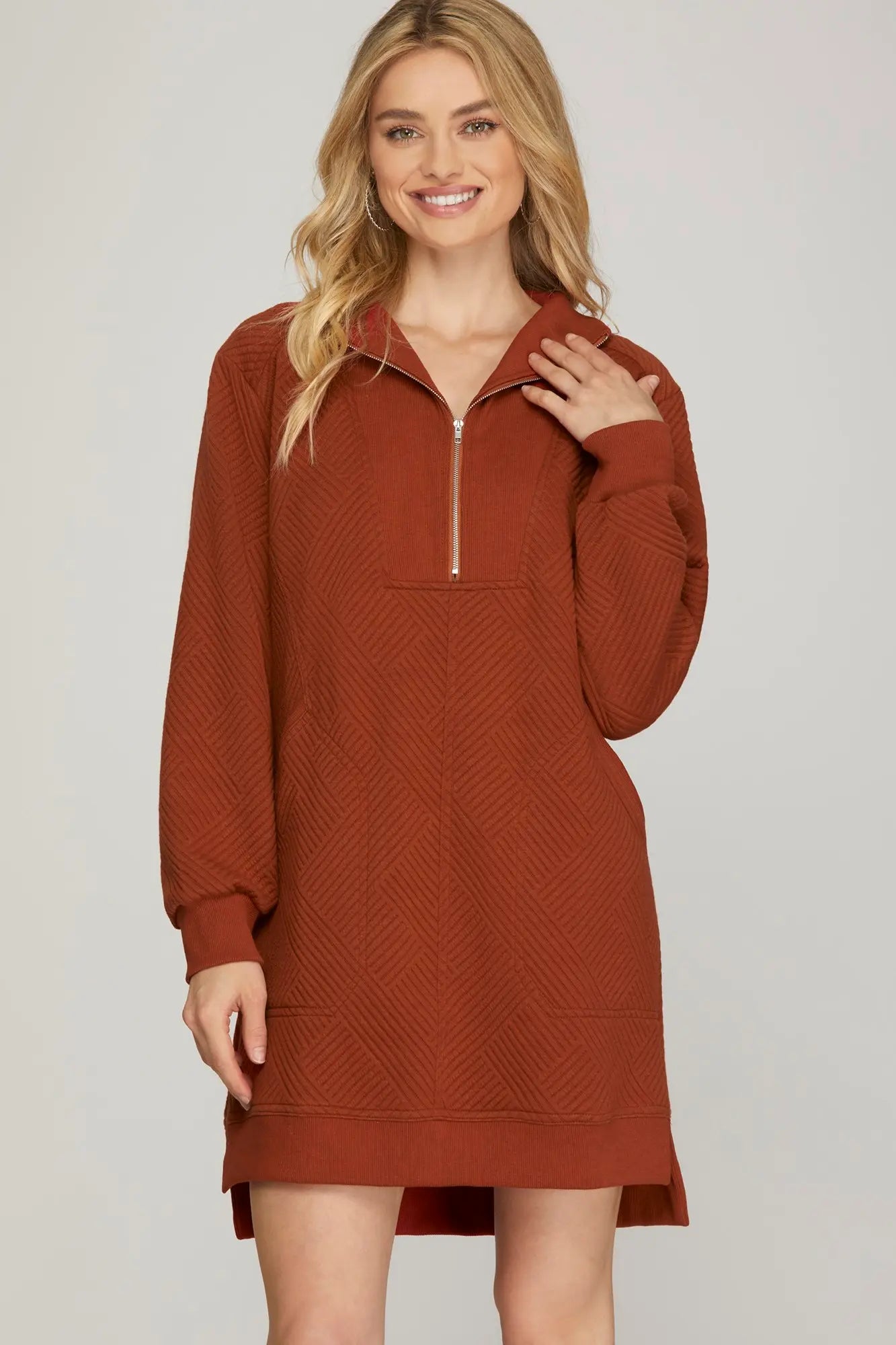 Textured Quarter Zip Sweatshirt Dress