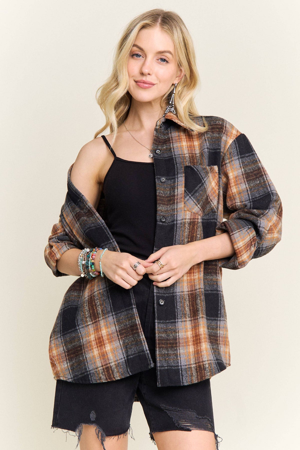 Plaid Button Front Lightweight Shacket