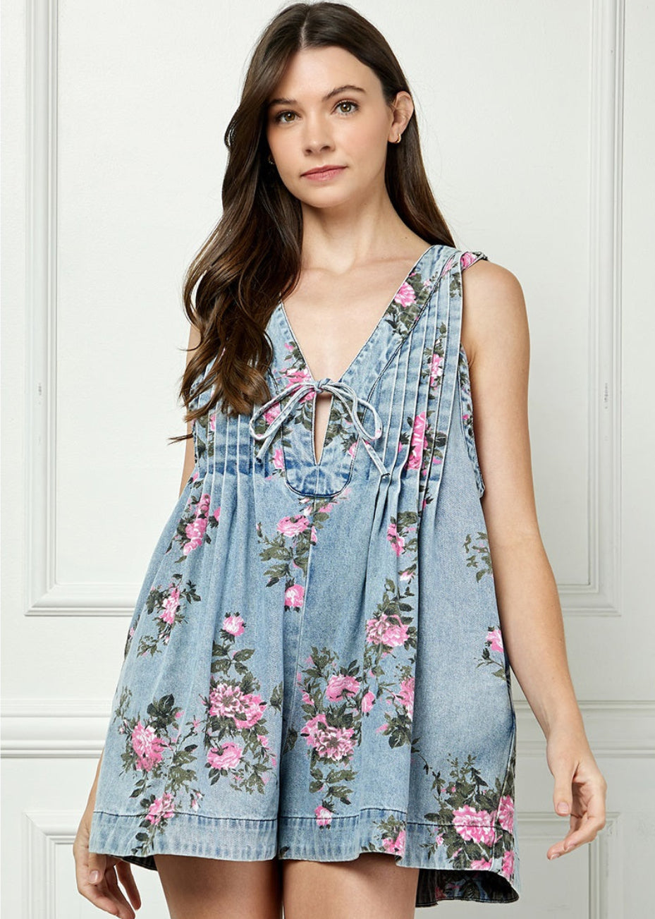 Sleeveless Floral Pleated Denim Romper
