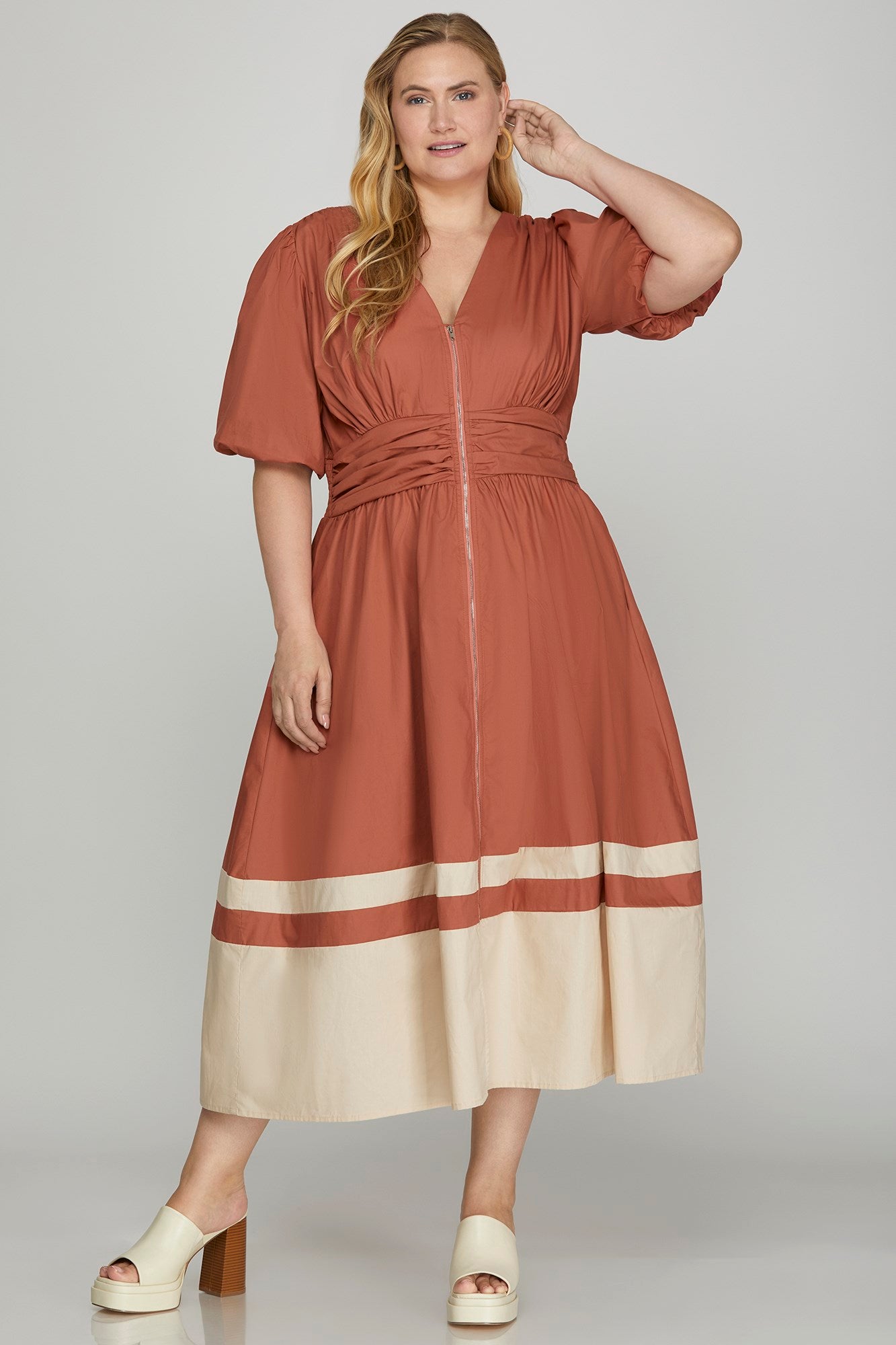 Bubble-Sleeve Color Block Dress