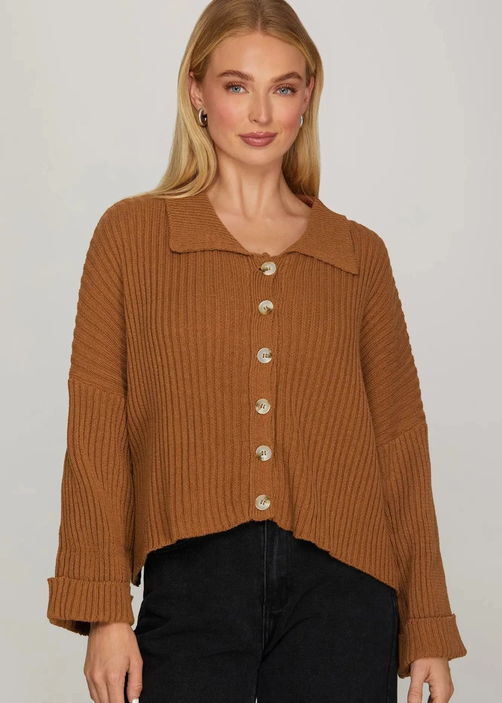 Ribbed Button Front Collared Cardigan