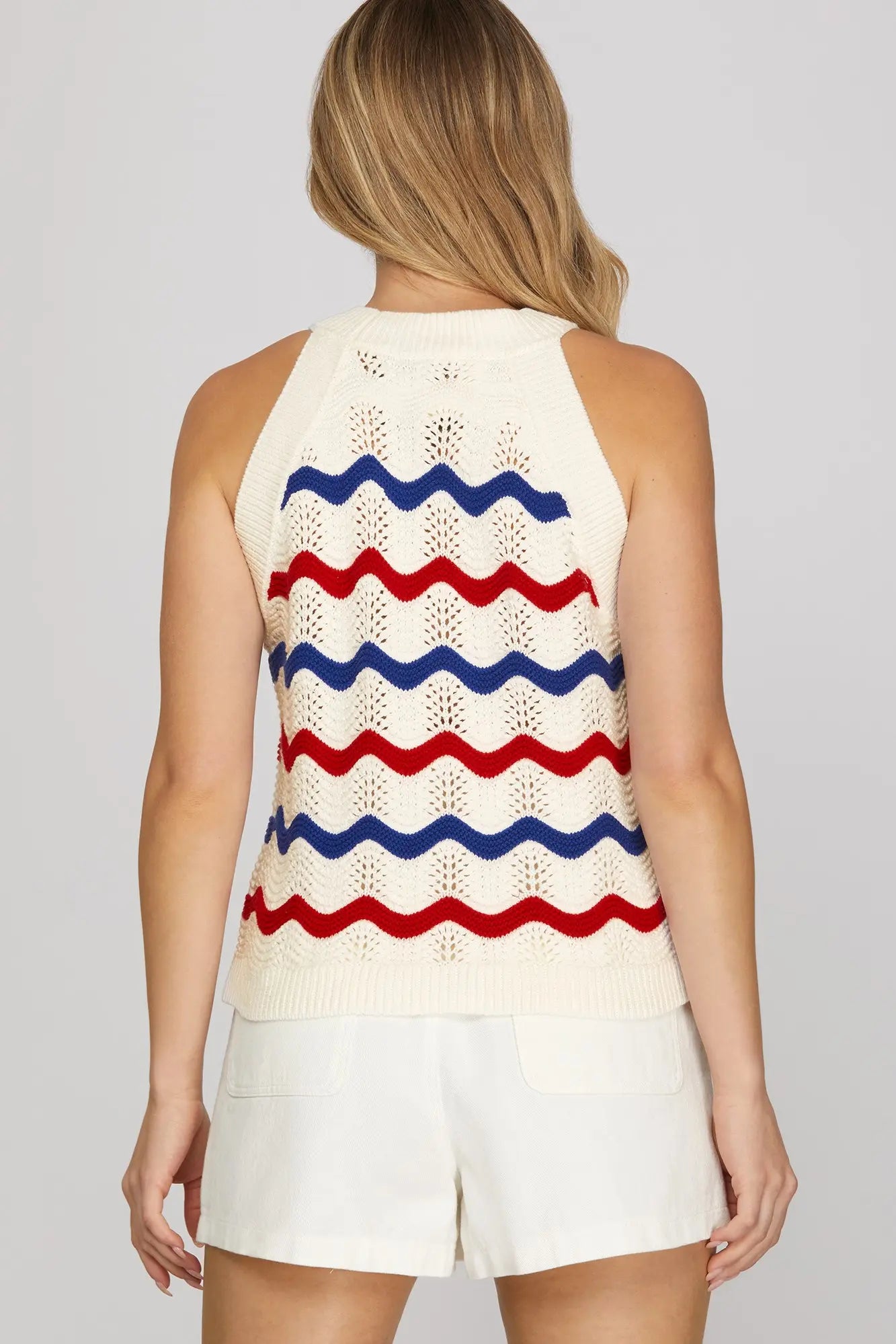 Patriotic Wave Stripe Sleeveless Knit Sweater Tank