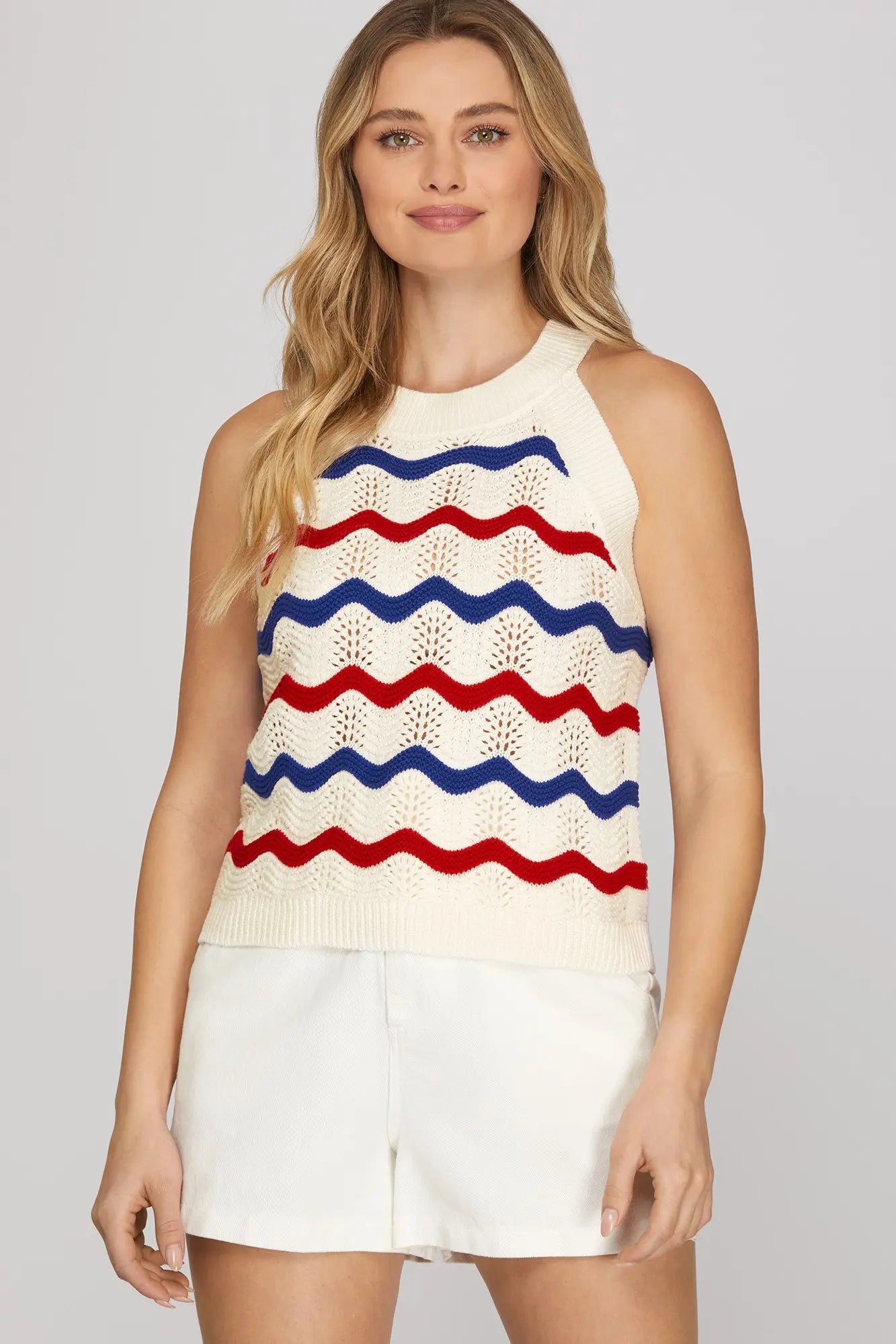 Patriotic Wave Stripe Sleeveless Knit Sweater Tank