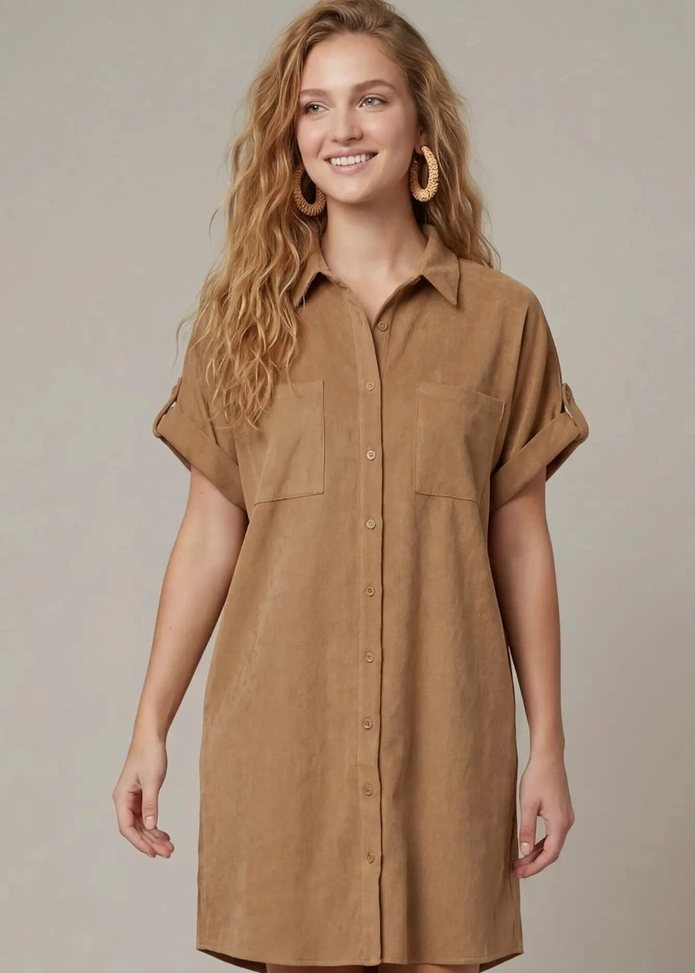 Faux Suede Button Front Shirt Dress