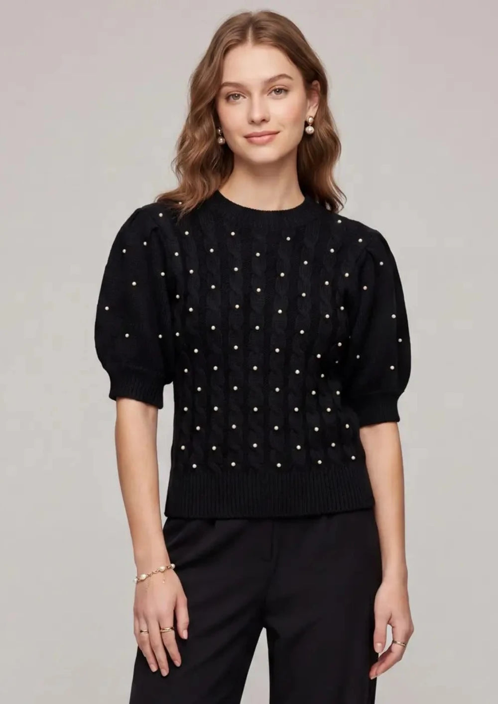 Pearl Embellished Cable Knit Holiday Sweater