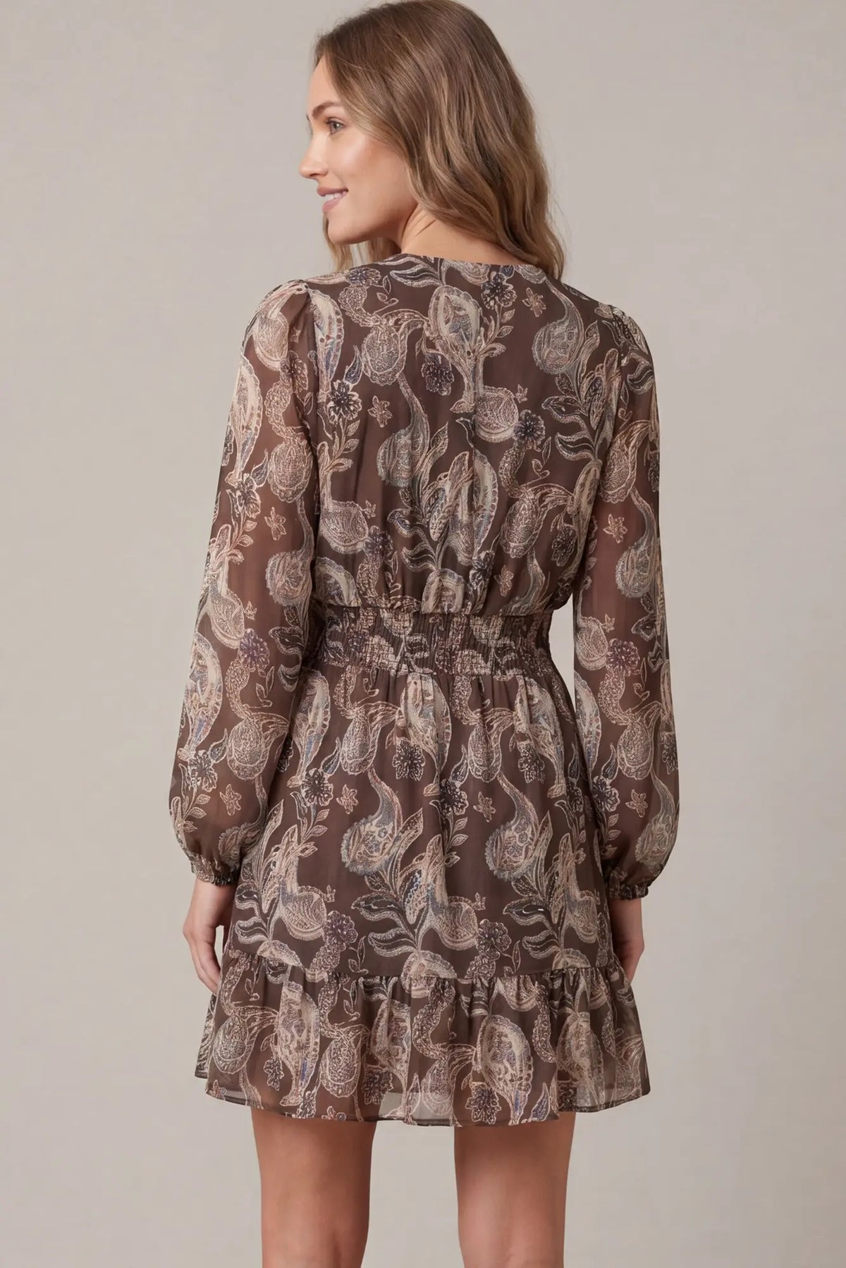 Paisley Smocked Waist Ruffle Mini Dress-Plus