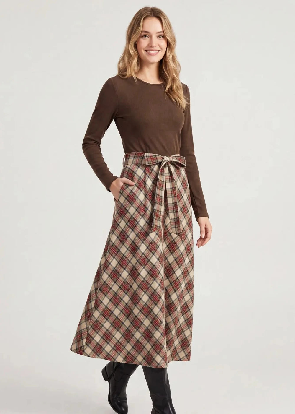 Plaid Tie Waist Midi Dress