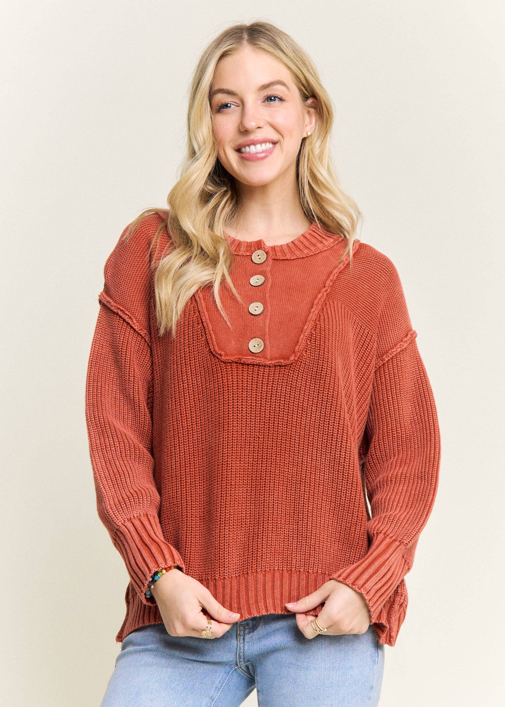 Raw Edge Button Henley Sweater