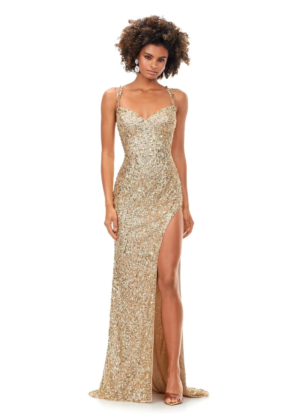 This image features the "ASHLEYlauren 11342" dress, a stunning piece perfect for formal occasions. The dress sparkles in a metallic gold finish, adorned with intricate sequin detailing that catches the light beautifully.