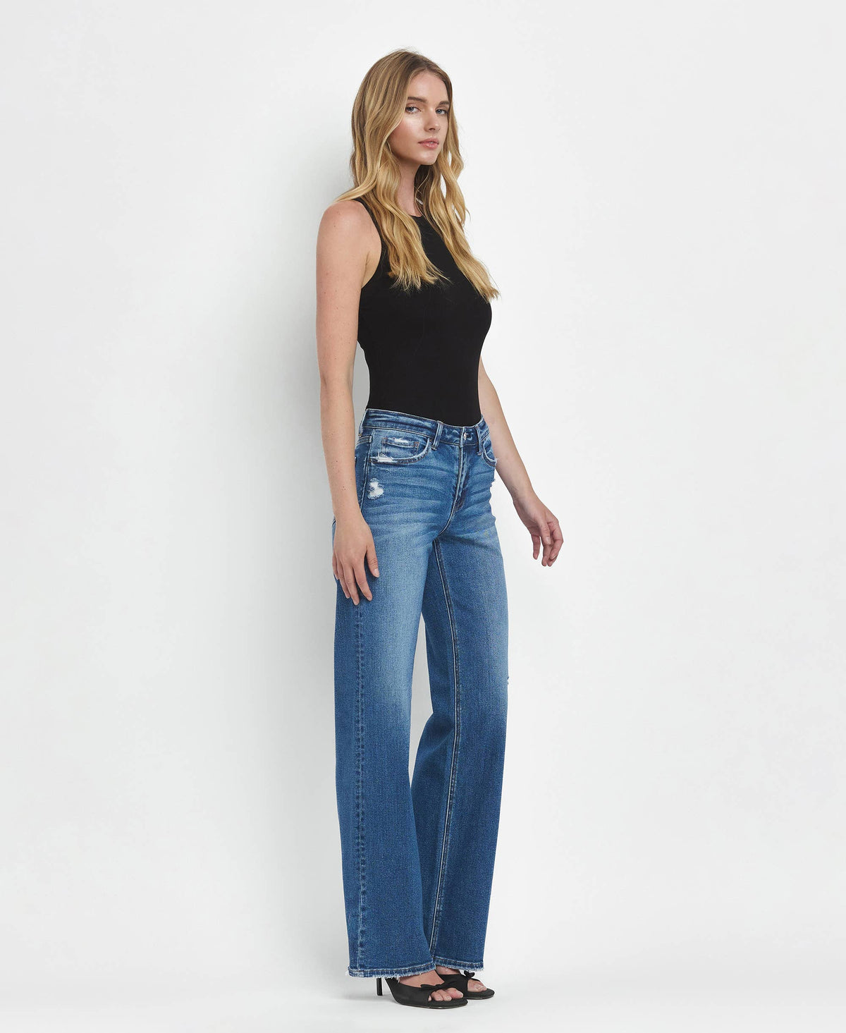 Mid Rise Full Length Wide Leg Stretch Jeans
