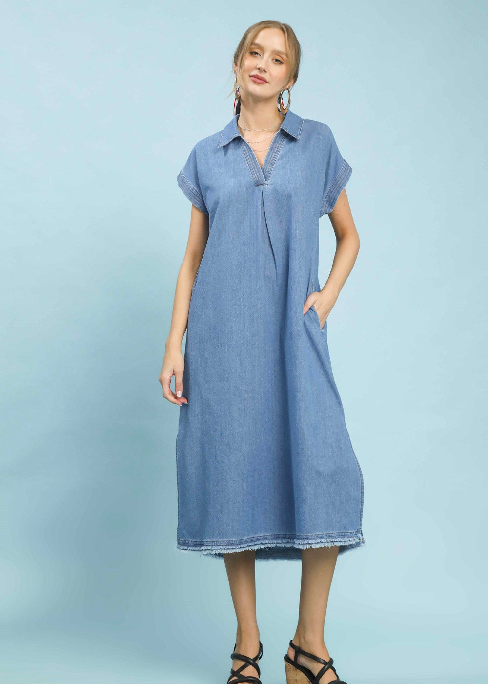 Stone Washed Collared Denim Midi Dress