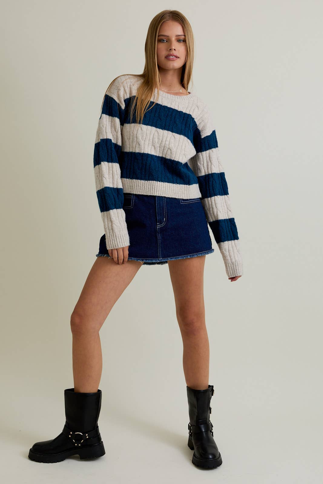 Striped Round Neck Cable Sweater