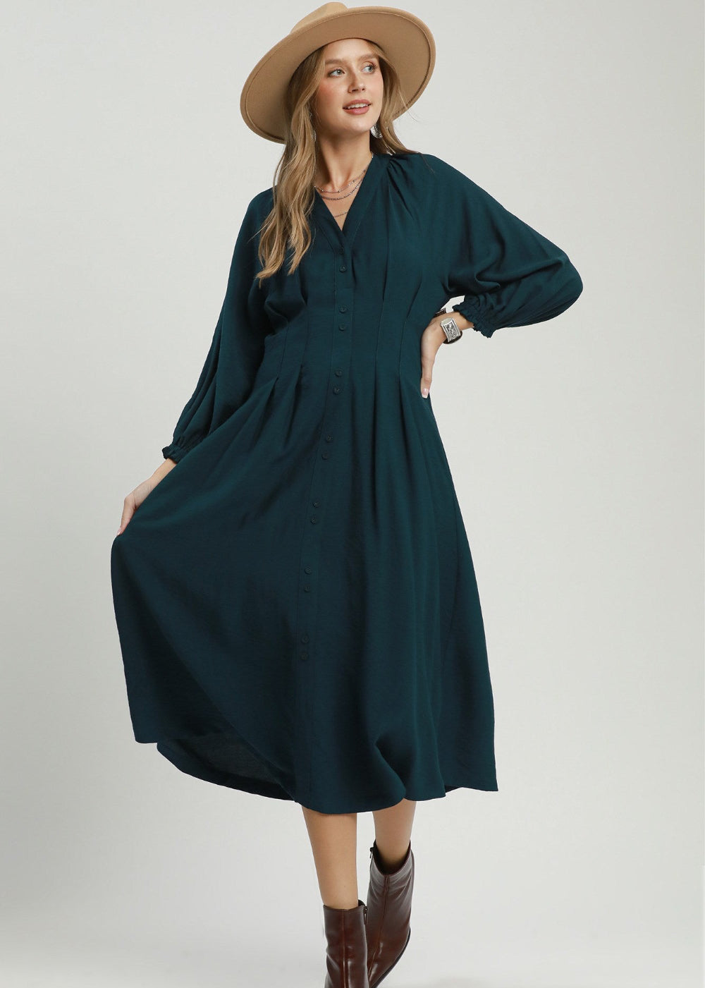 Teal Button Front A-Line Midi Dress