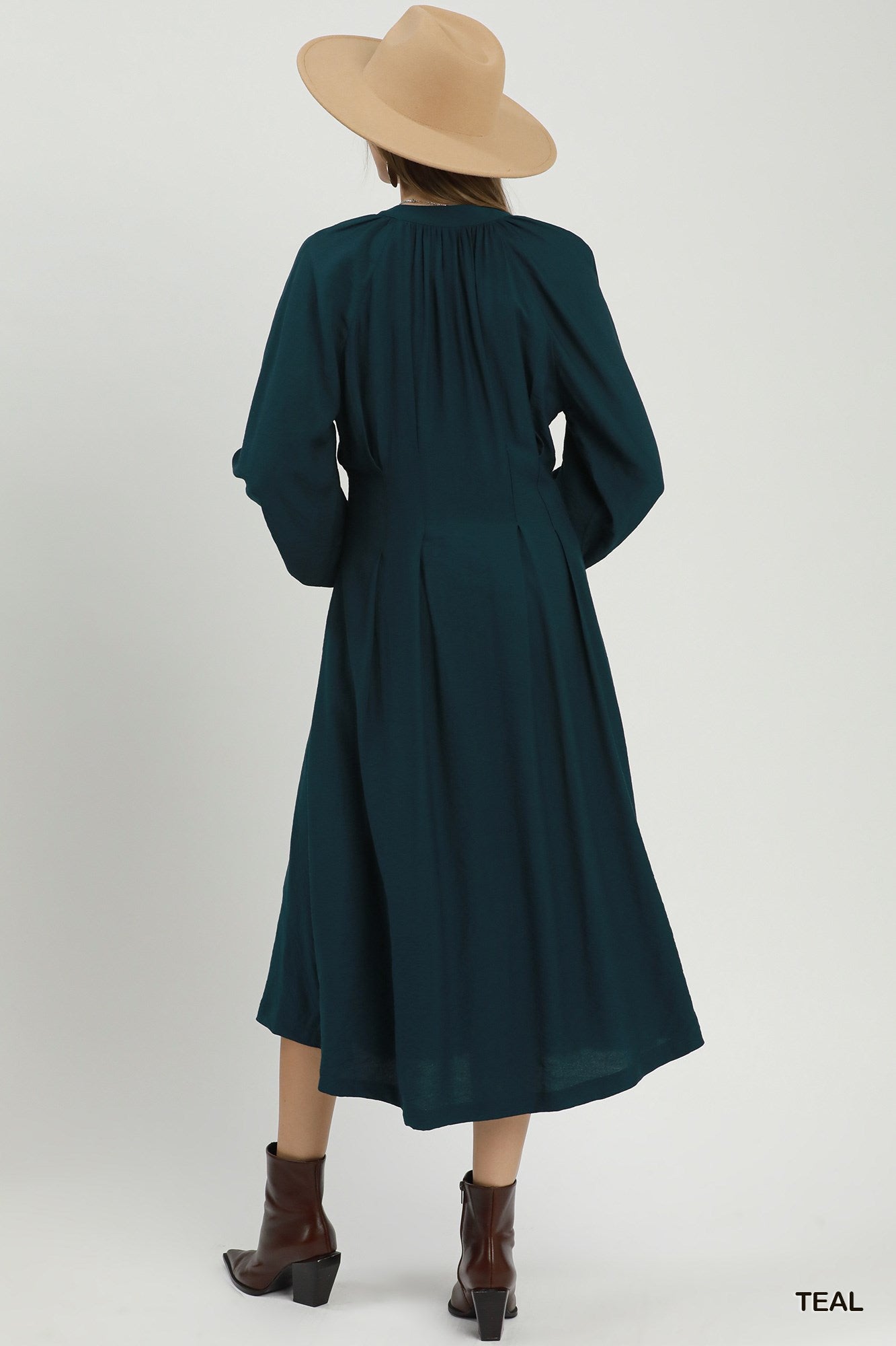 Teal Button Front A-Line Midi Dress