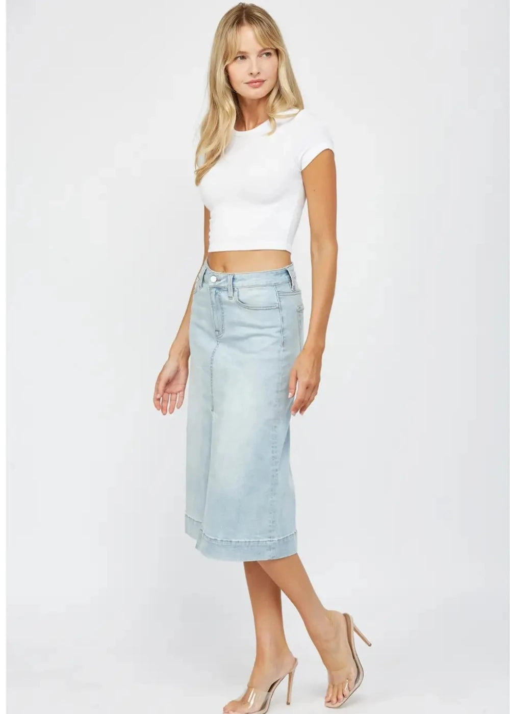 Light Wash Denim Midi Skirt