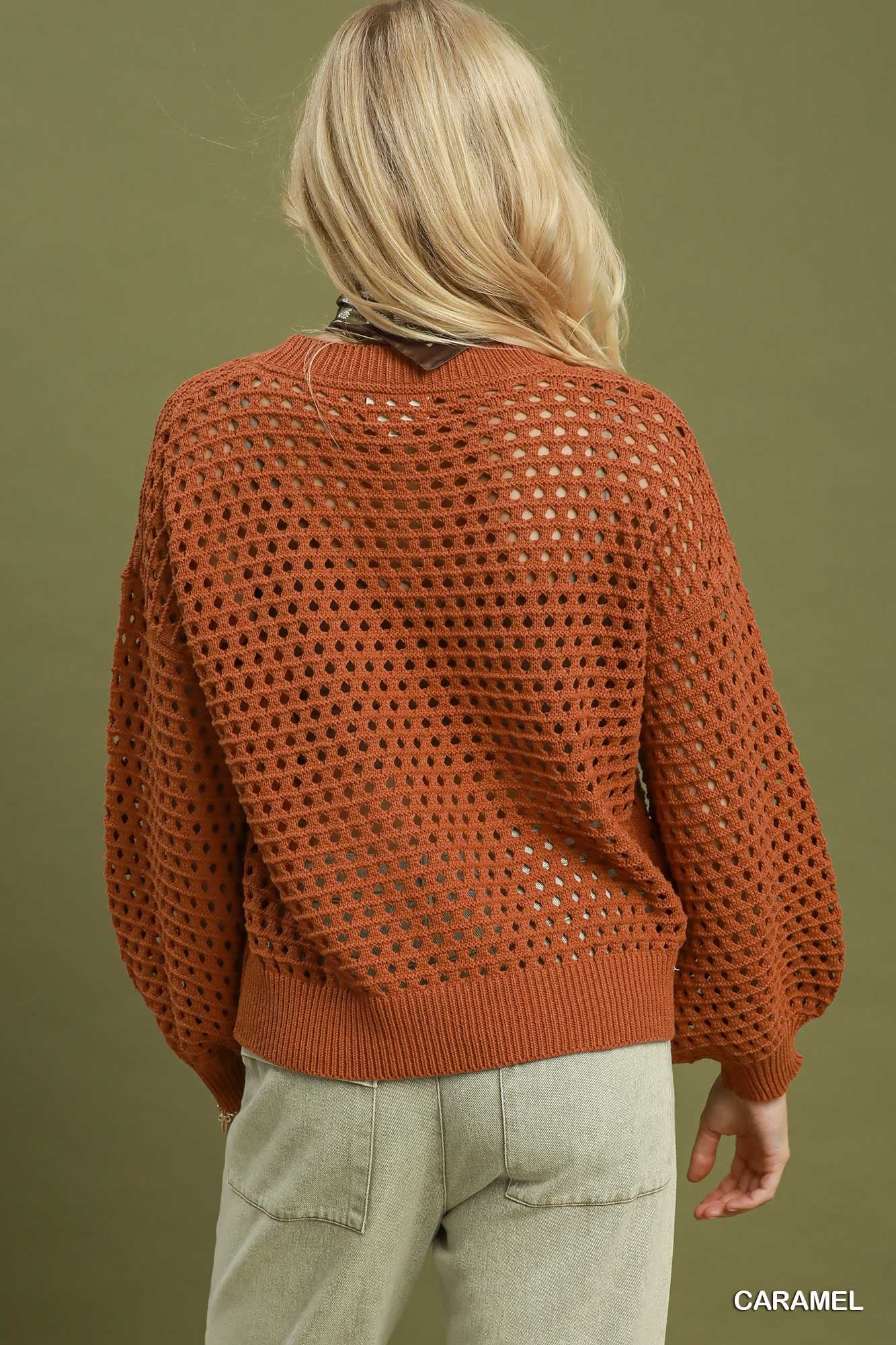 Open Knit Balloon Sleeve Sweater