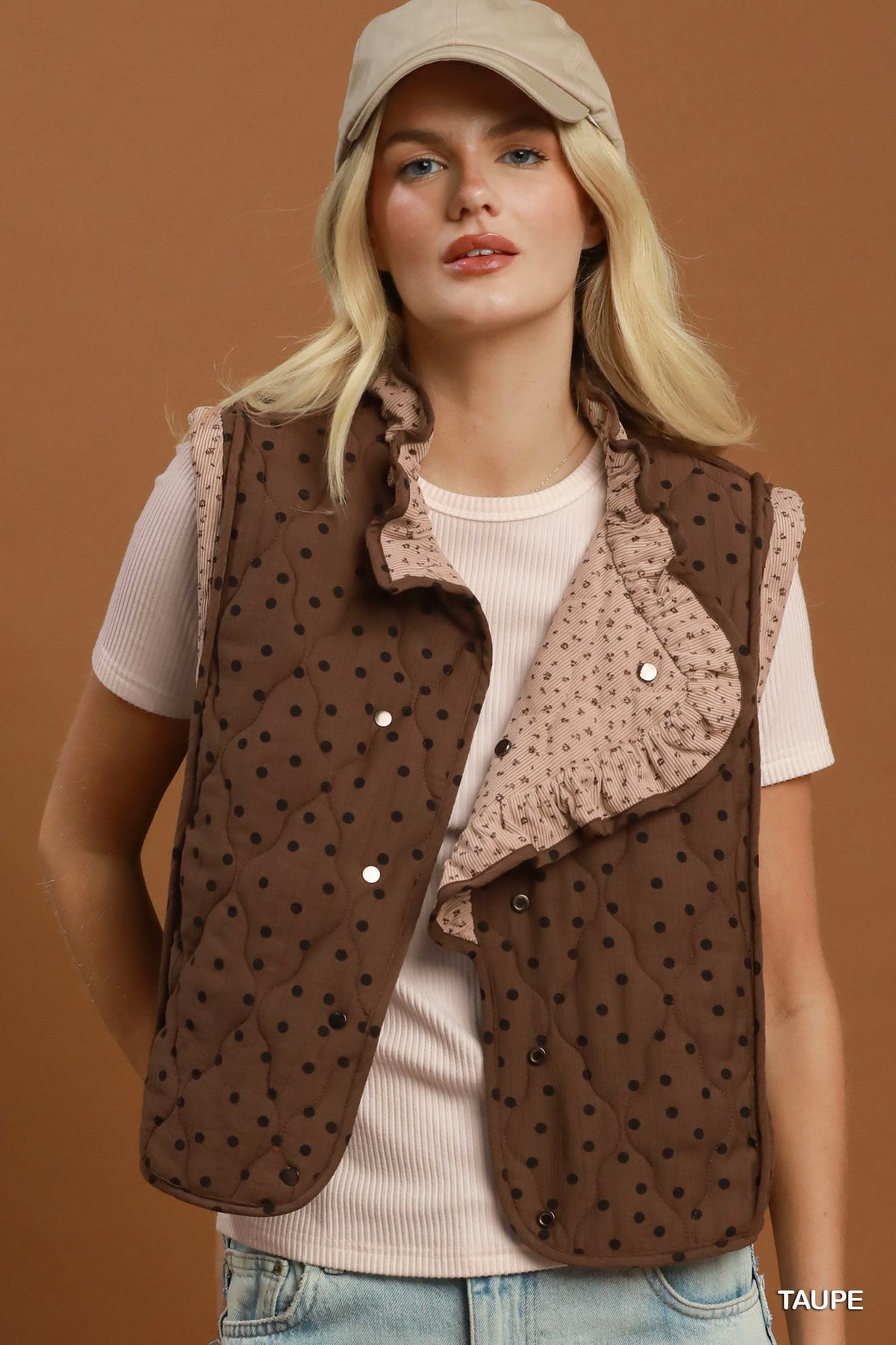 Reversible Polka Dot Quilted Ruffle Vest