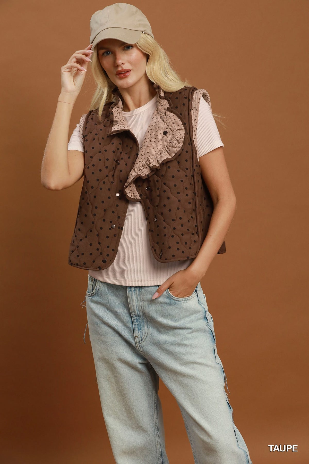 Reversible Polka Dot Quilted Ruffle Vest