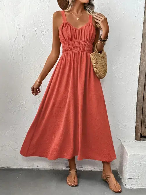 Ruched Spaghetti Strap Midi Dress