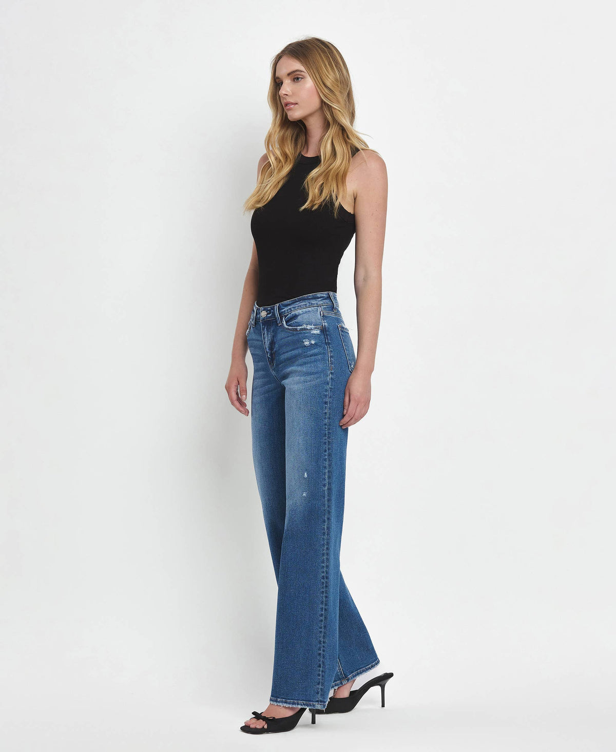 Mid Rise Full Length Wide Leg Stretch Jeans