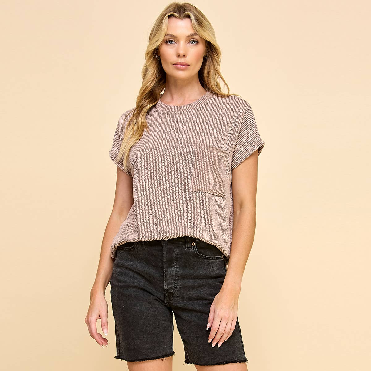 Ribbed Knit Top with Front Pocket