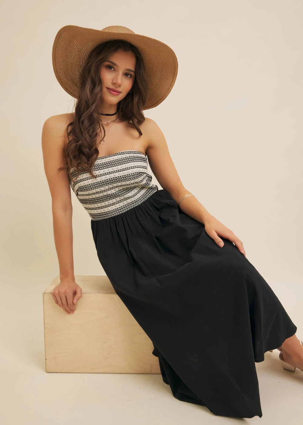 Mixed Media Crochet Strapless Midi Dress