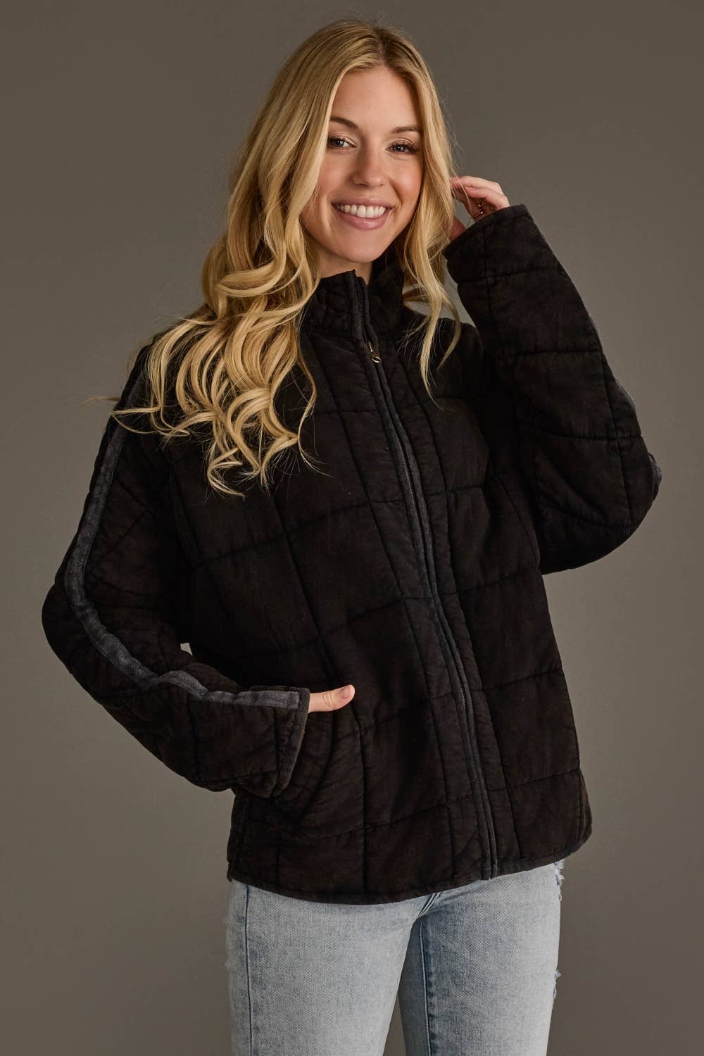 Washed Quilted Zip Front Jacket