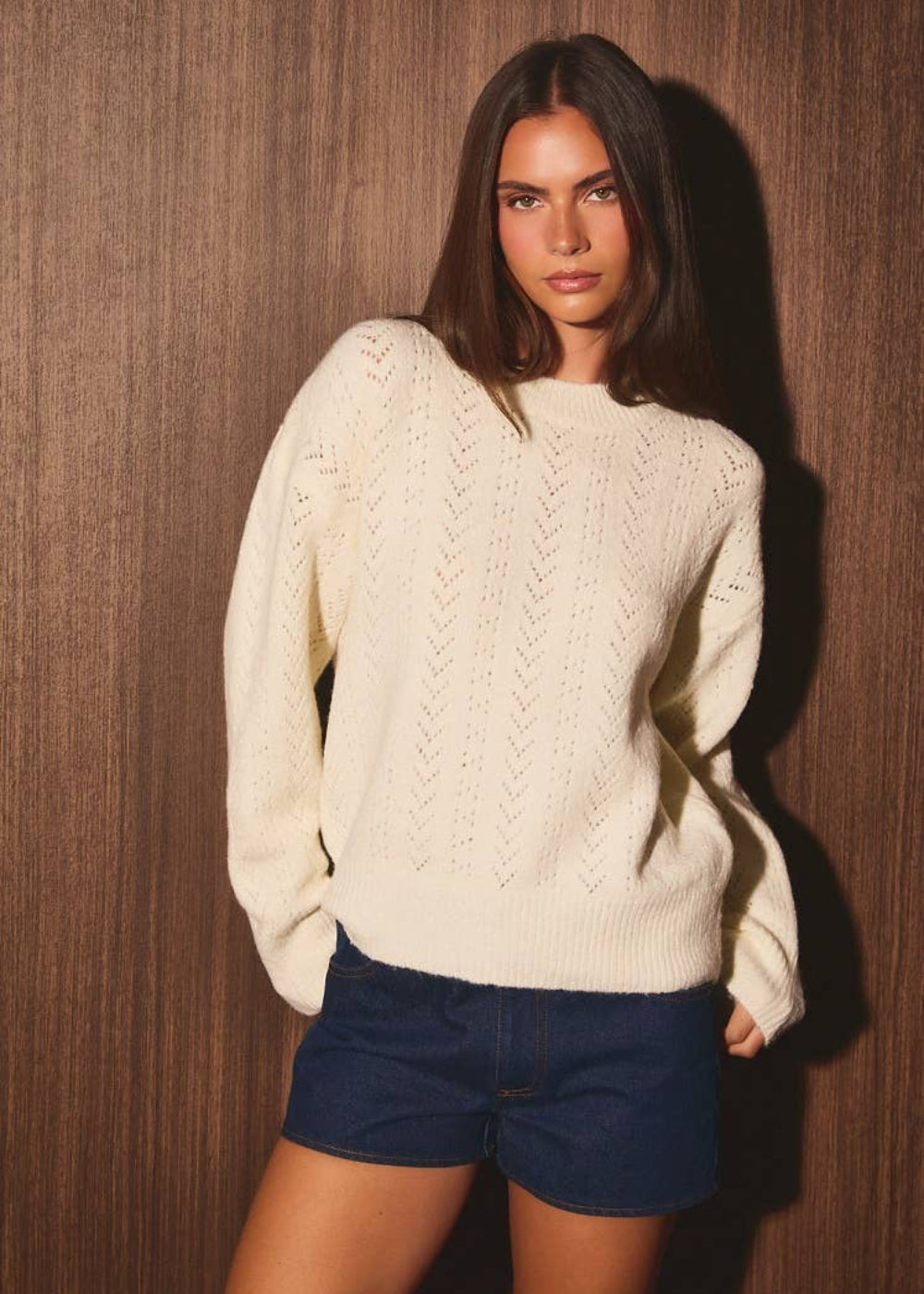 Pointelle Crew Neck Knit Sweater