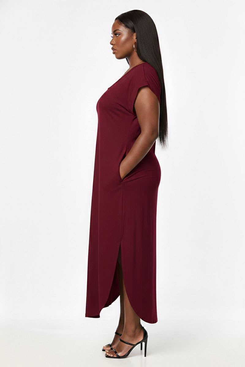 V-Neck Side Slit Maxi Dress- Plus Size