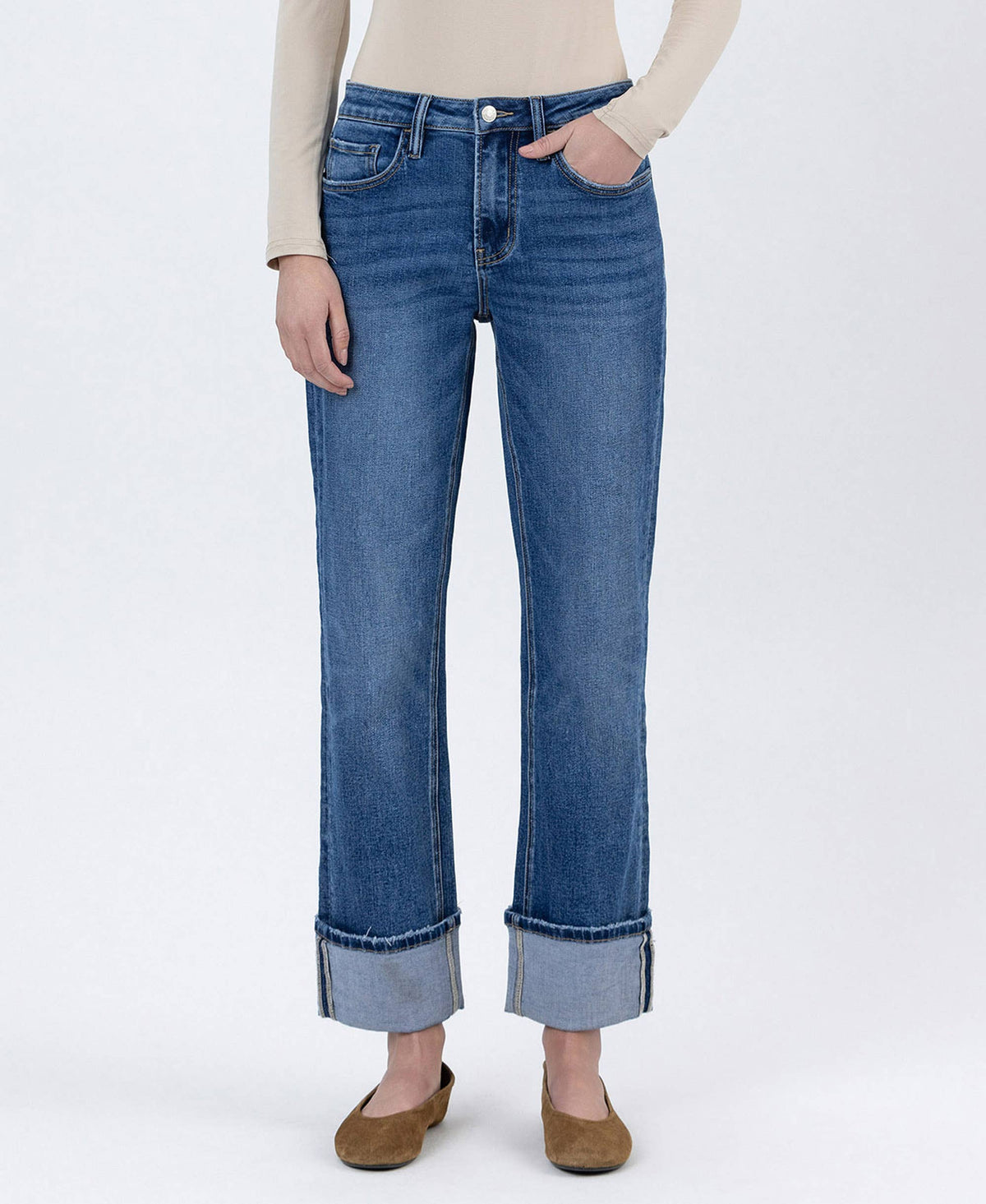 High Rise Cuffed Ankle Straight Jeans