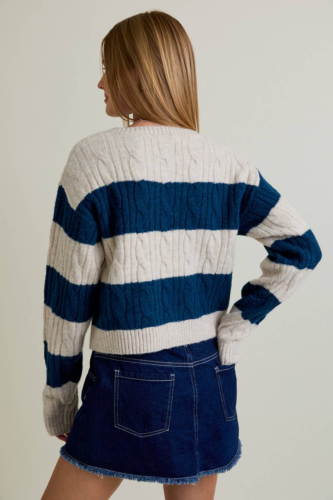 Striped Round Neck Cable Sweater